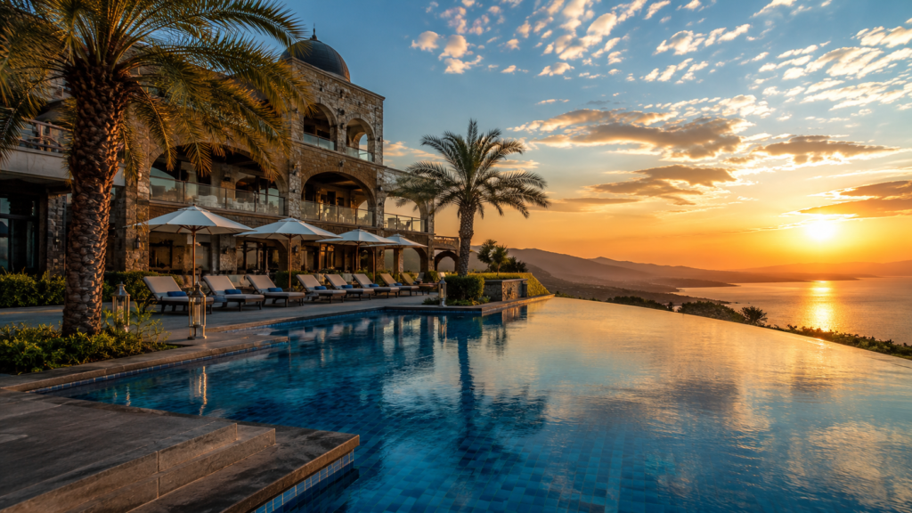 Luxury infinity pool resort during golden sunset with premium vacation atmosphere and palm trees